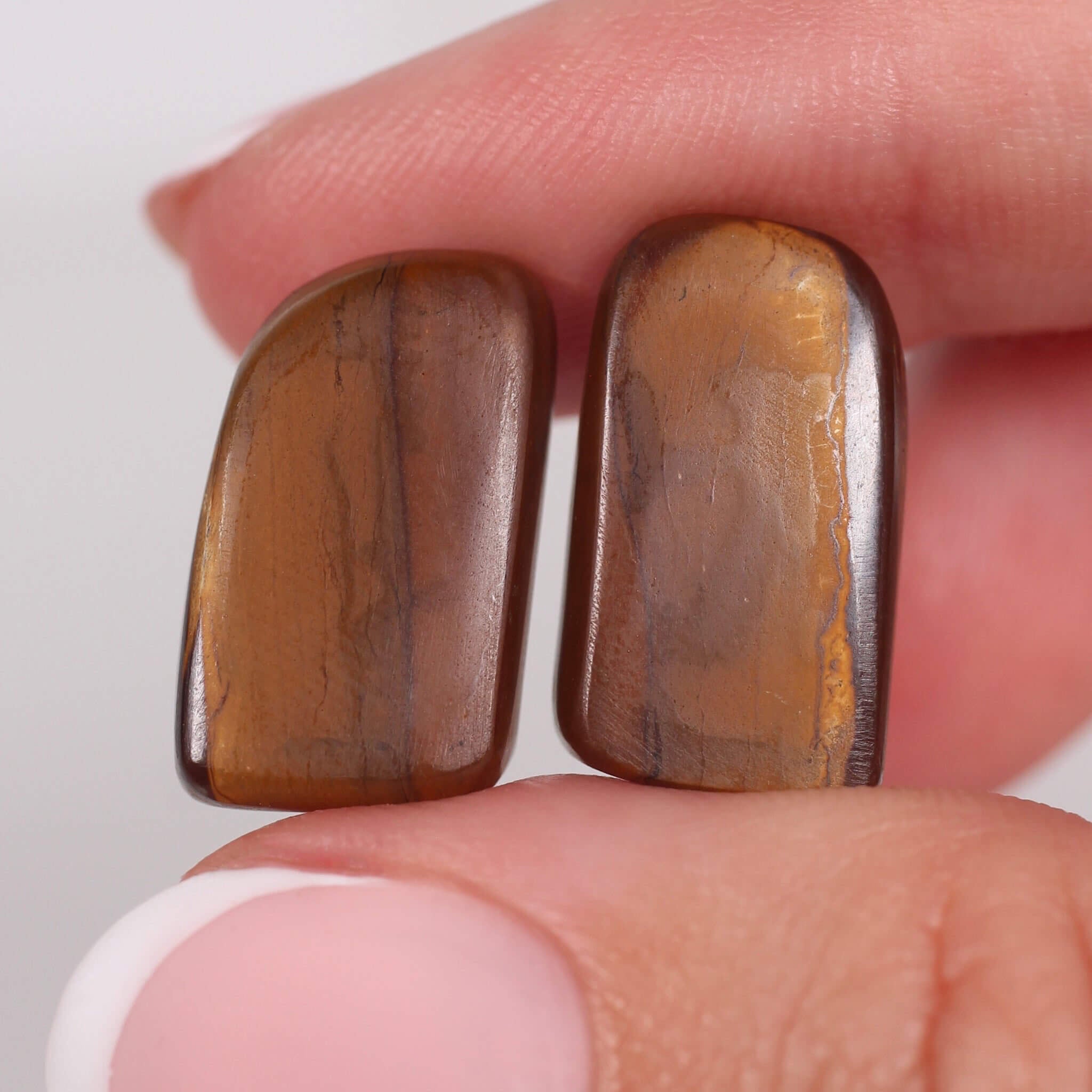 Two brown stones held between fingers against a white background