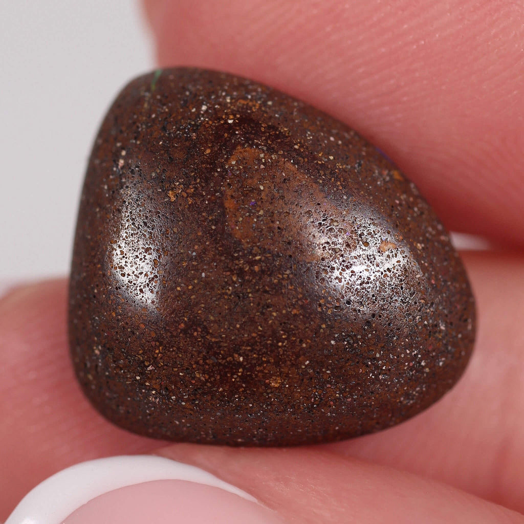 Close-up of a dark brown stone held between fingers against a white background