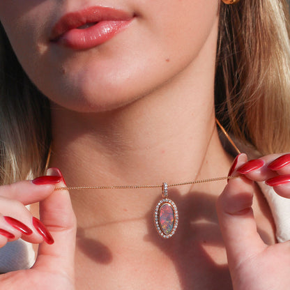 Natural Solid Australian Black Opal and Diamond Pendant in 18k Gold