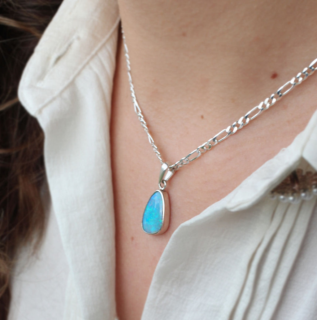 Solid Blue Crystal Opal Sterling Silver Pendant
