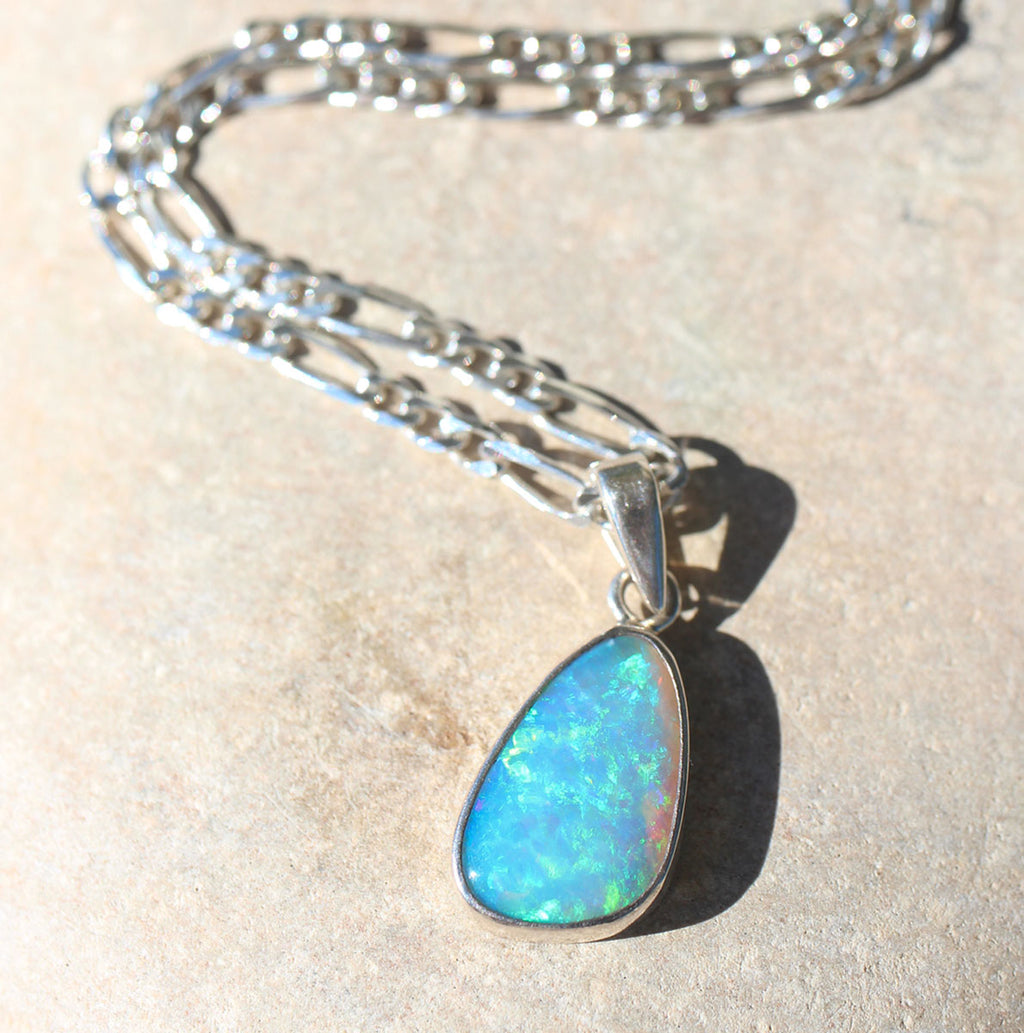 Solid Blue Crystal Opal Sterling Silver Pendant
