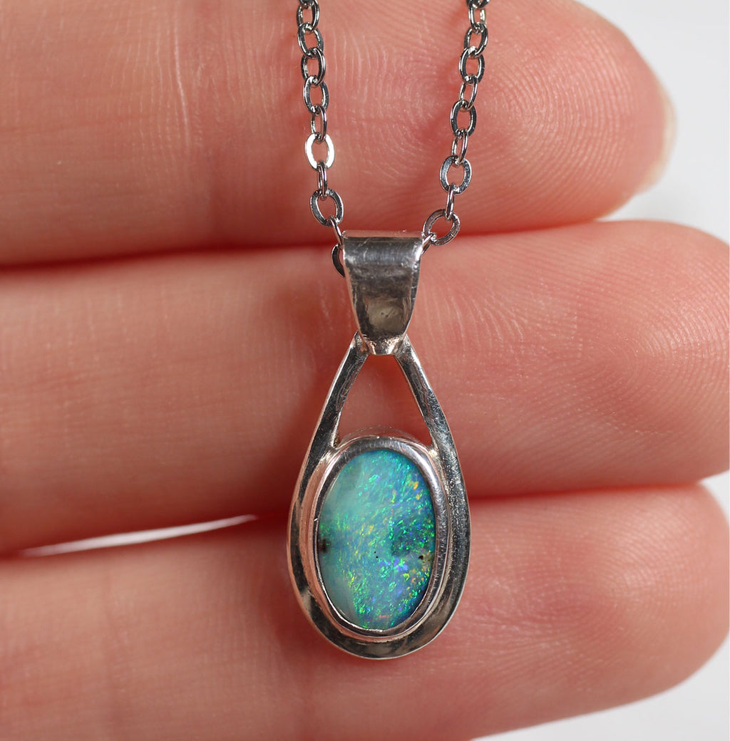 Solid Boulder Opal Sterling Silver Pendant