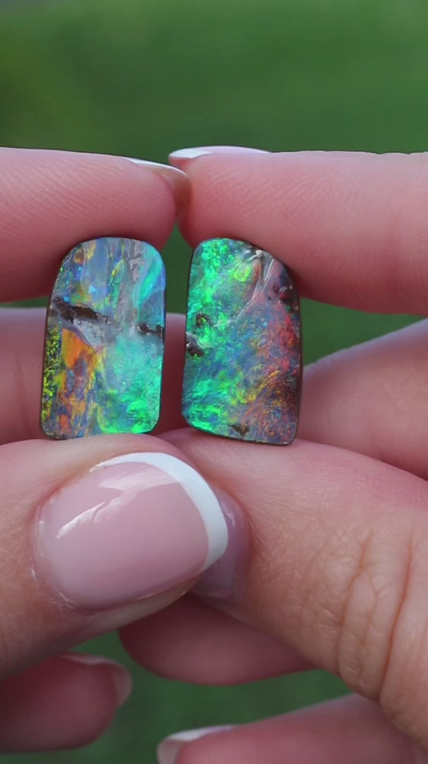 Winton Boulder Opal Pair 16.3ct Natural Solid Vivid Red Orange Moss Australian