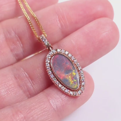 Natural Solid Australian Black Opal and Diamond Pendant in 18k Gold